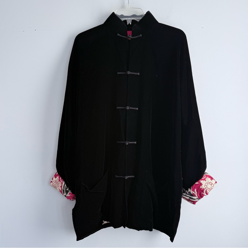 Shanghai Tang Black Velvet Chinese Mandarin Jacket Silk Embroidered Lining US 14 - Picture 4 of 16